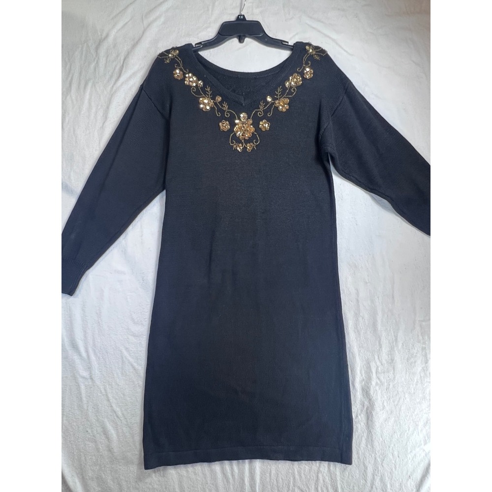 Sarah Morgan Black Knit Sweater Dress Gold Sequin Floral V-Neck Medium